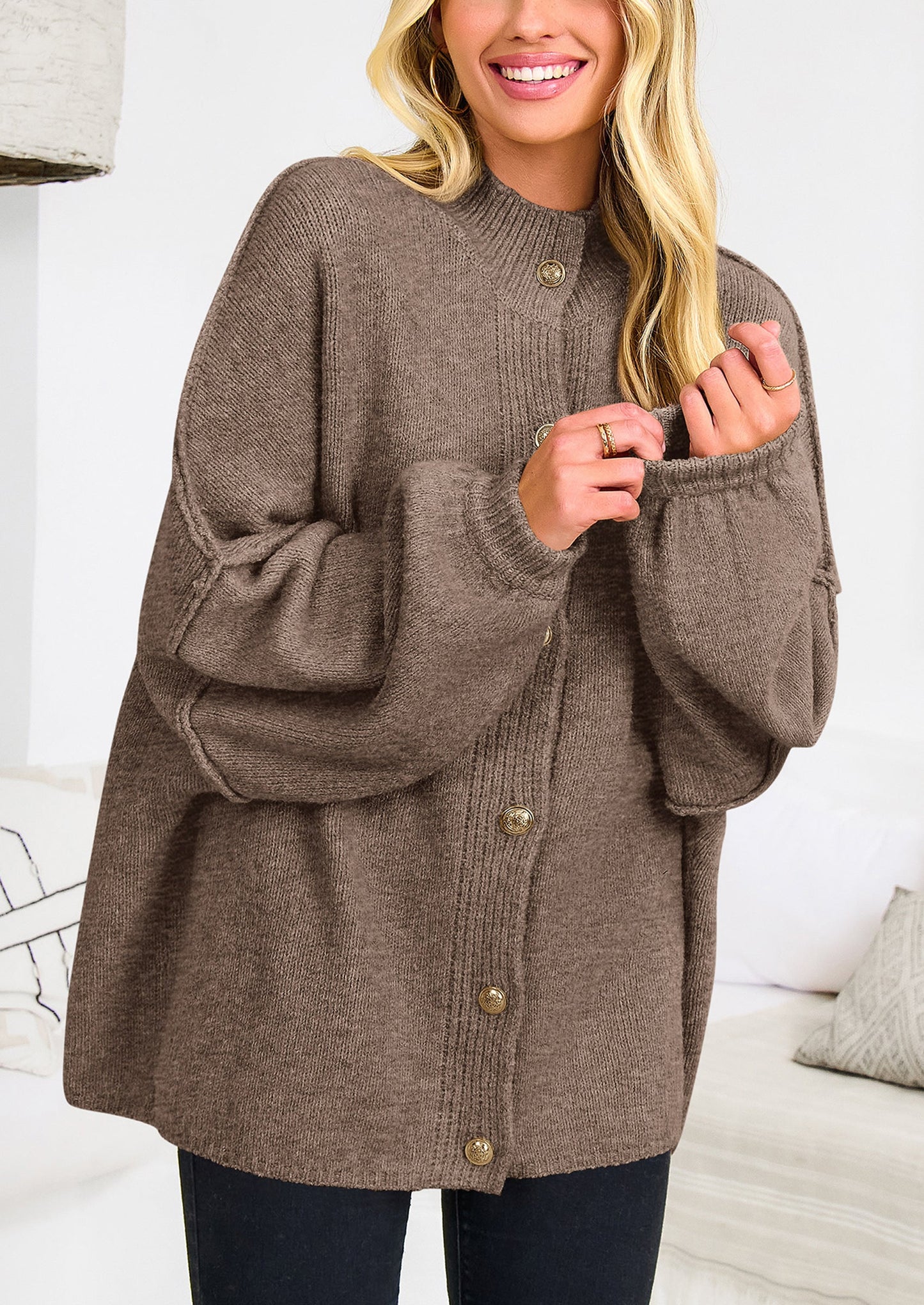 PRETTYGARDEN Women's Winter Button Down Cardigan Sweaters Mock Neck Lantern Long Sleeve Chunky Knit Jacket Trendy Outerwear