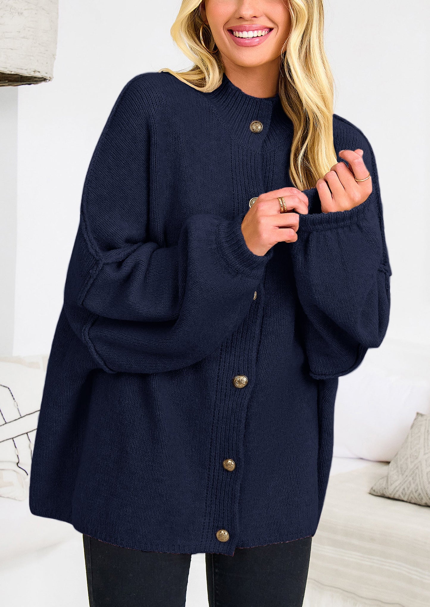 PRETTYGARDEN Women's Winter Button Down Cardigan Sweaters Mock Neck Lantern Long Sleeve Chunky Knit Jacket Trendy Outerwear