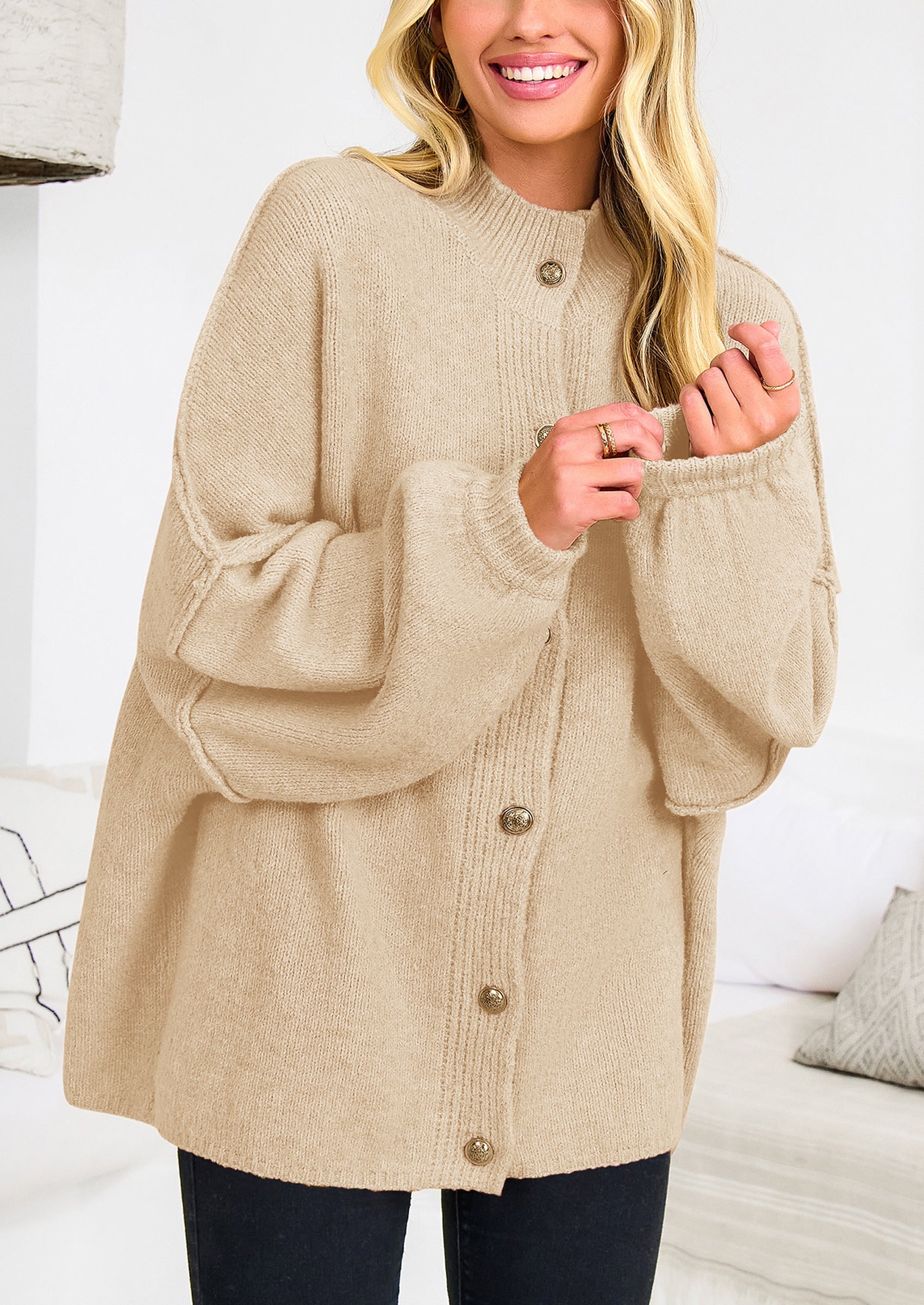 PRETTYGARDEN Women's Winter Button Down Cardigan Sweaters Mock Neck Lantern Long Sleeve Chunky Knit Jacket Trendy Outerwear