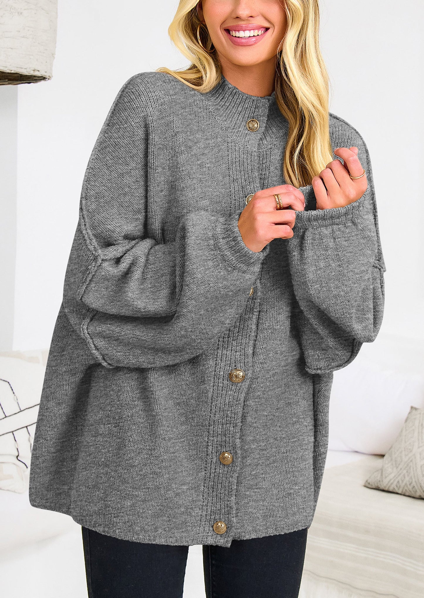 PRETTYGARDEN Women's Winter Button Down Cardigan Sweaters Mock Neck Lantern Long Sleeve Chunky Knit Jacket Trendy Outerwear