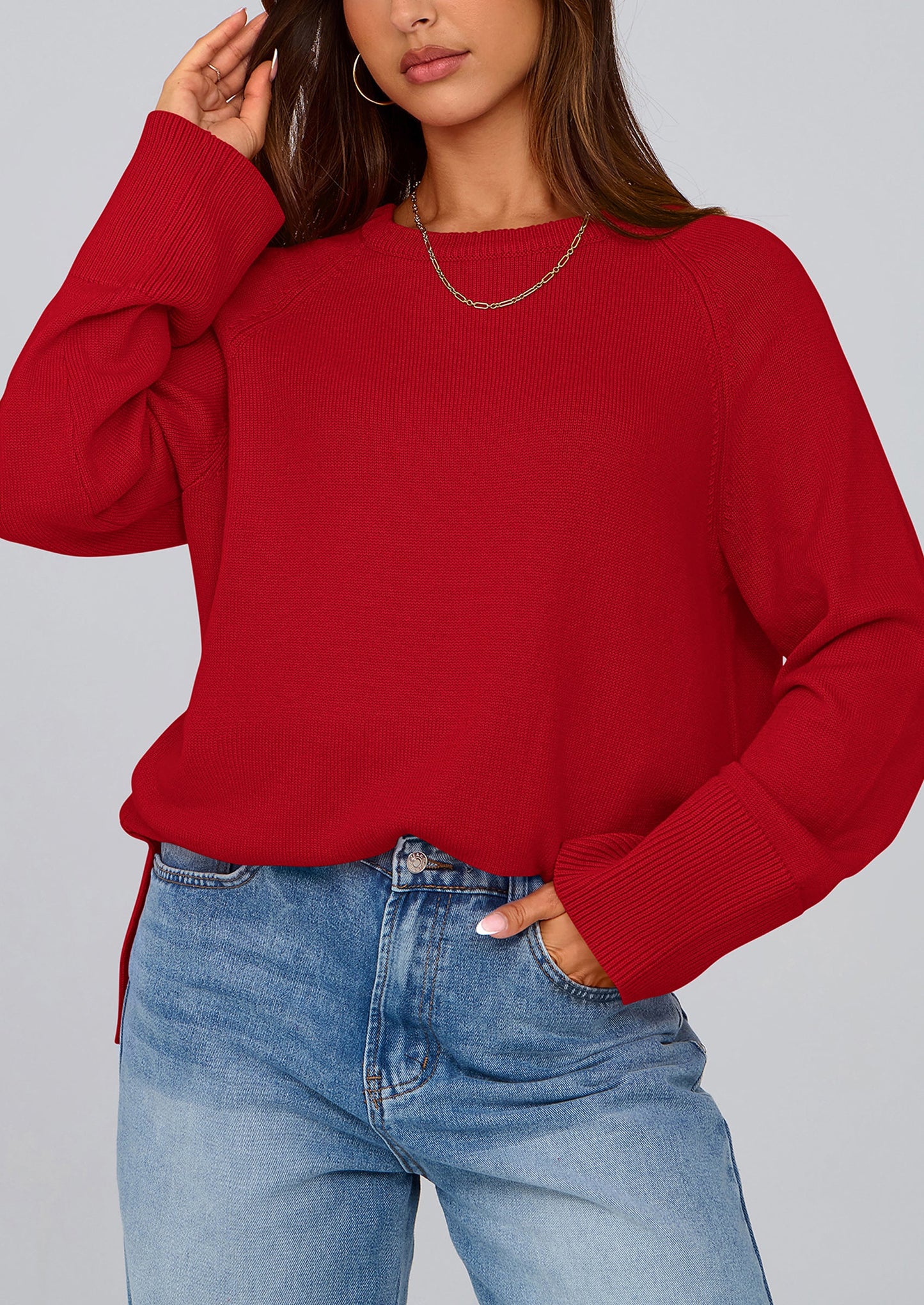 PRETTYGARDEN Women's Knit Fall Sweaters Long Sleeve Pullover Crewneck Split Hem Oversized Tunic Sweater Tops Winter Clothing