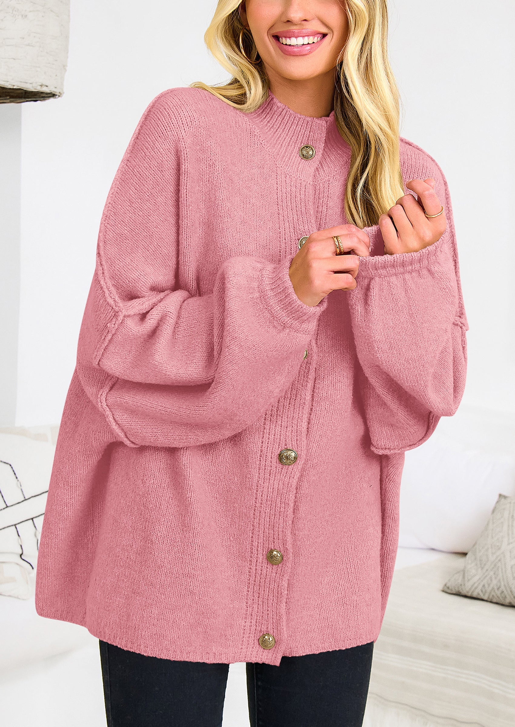 PRETTYGARDEN Women's Winter Button Down Cardigan Sweaters Mock Neck Lantern Long Sleeve Chunky Knit Jacket Trendy Outerwear