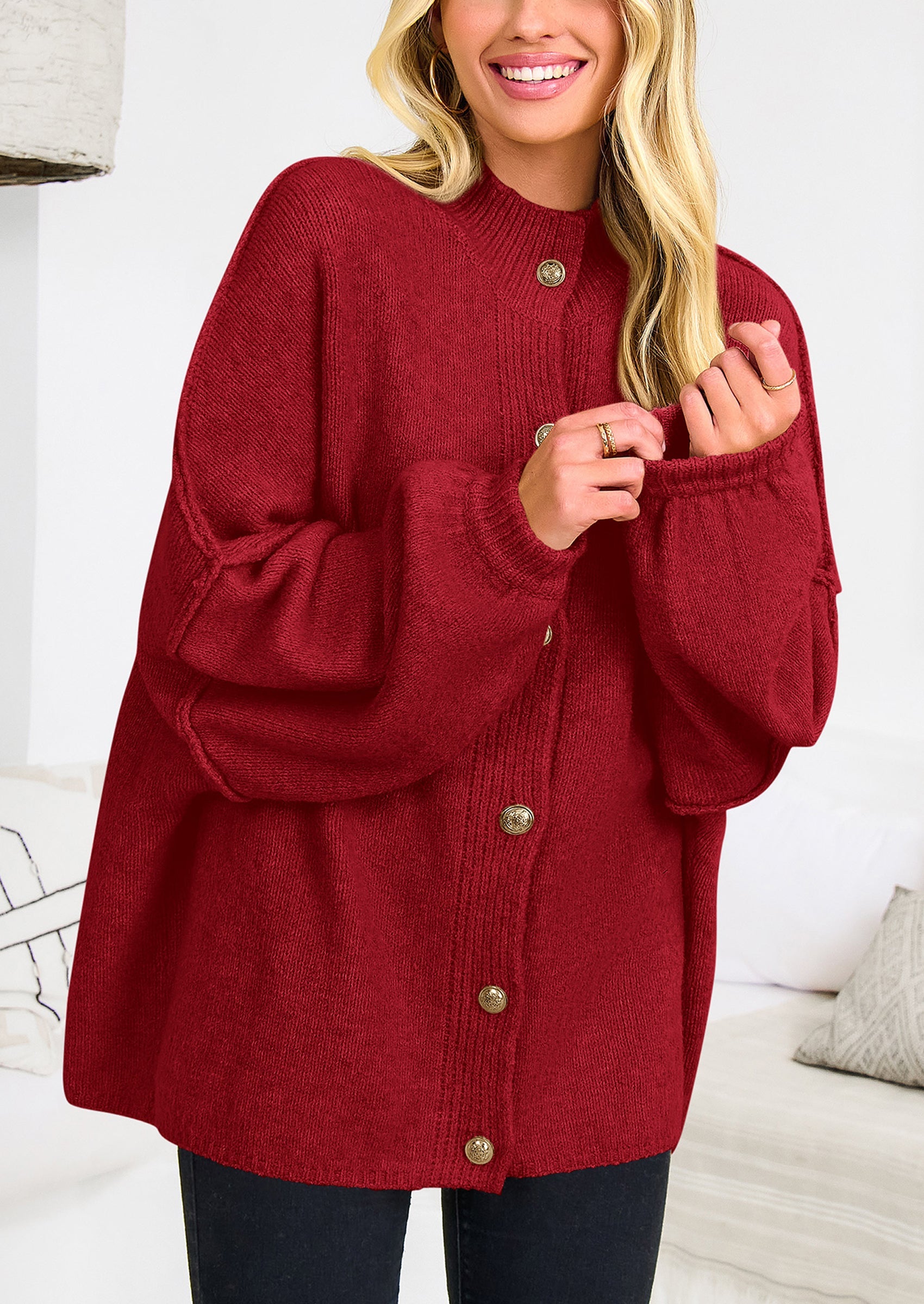 PRETTYGARDEN Women's Winter Button Down Cardigan Sweaters Mock Neck Lantern Long Sleeve Chunky Knit Jacket Trendy Outerwear