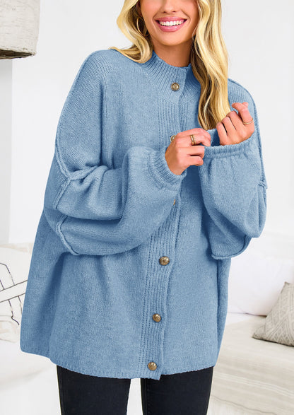 PRETTYGARDEN Women's Winter Button Down Cardigan Sweaters Mock Neck Lantern Long Sleeve Chunky Knit Jacket Trendy Outerwear