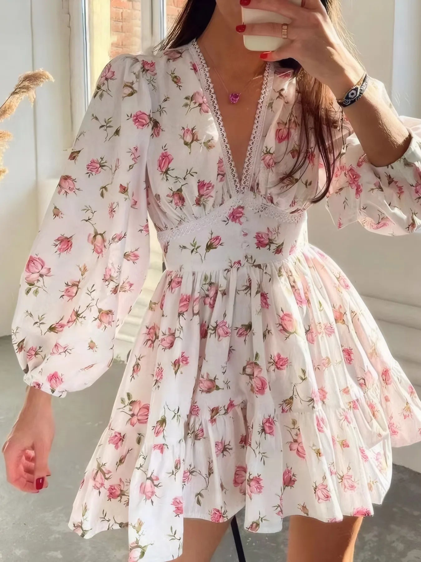 Floral Print Lace Detail V-Neck Mini Dress