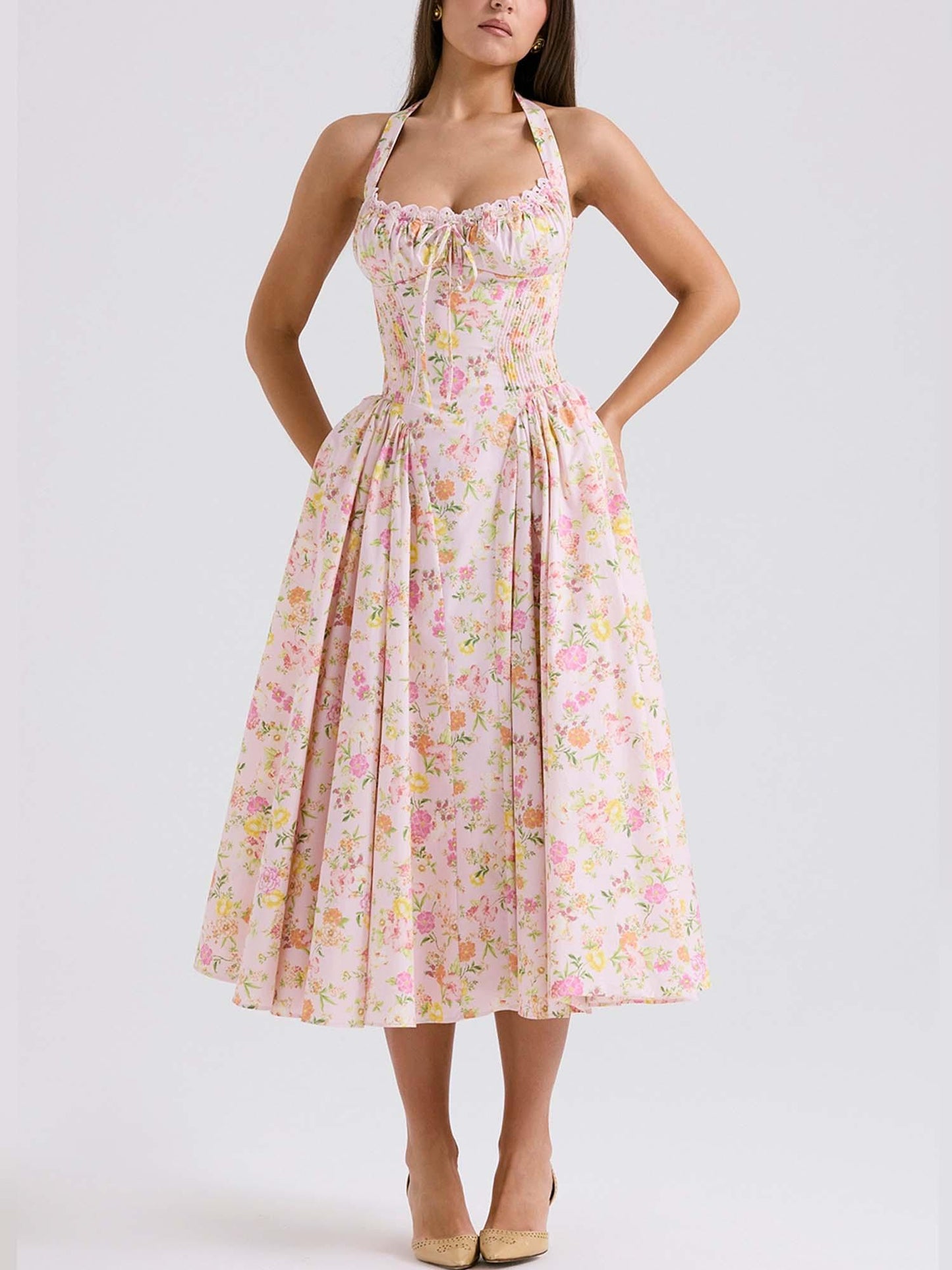 Romantic Floral Corset Midi Dress