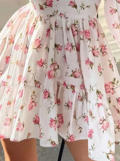 Floral Print Lace Detail V-Neck Mini Dress