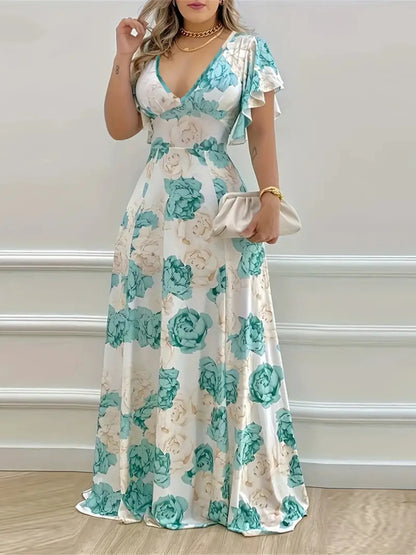 Plus Size Floral Print V-Neck Maxi Dress with Flutter Sleeves