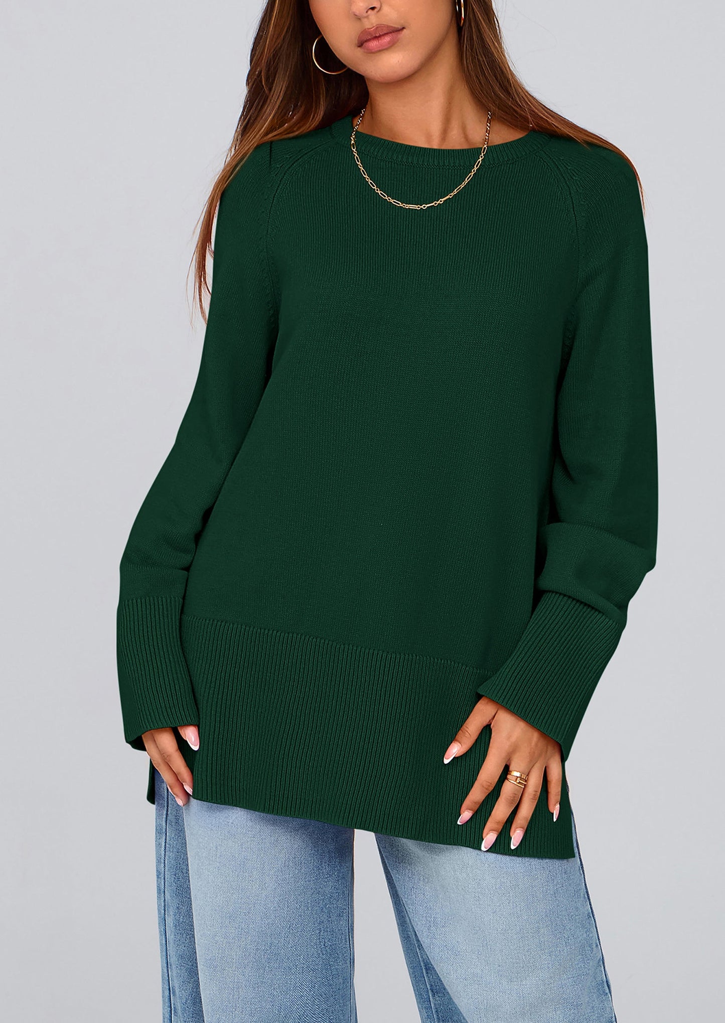 PRETTYGARDEN Women's Knit Fall Sweaters Long Sleeve Pullover Crewneck Split Hem Oversized Tunic Sweater Tops Winter Clothing