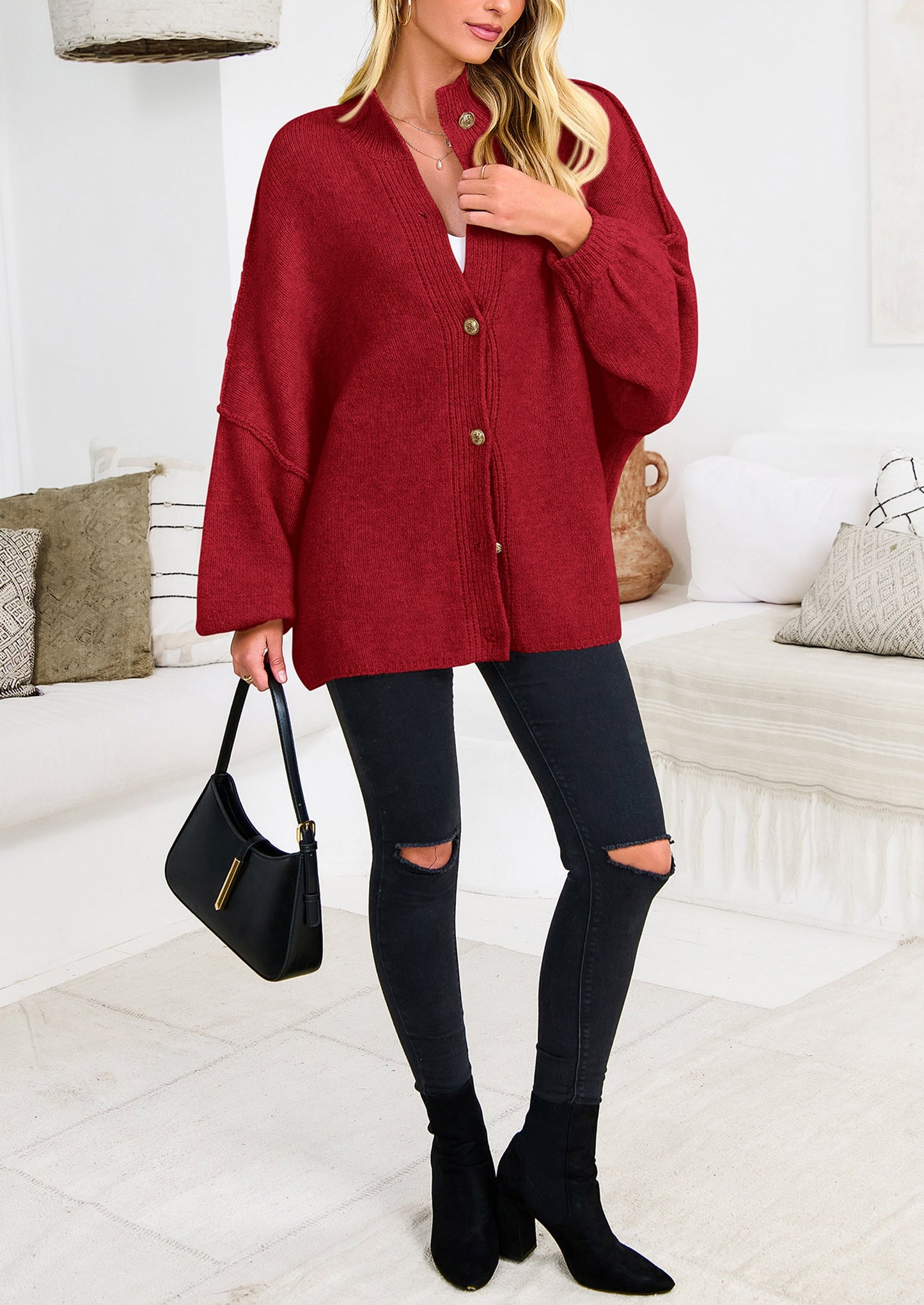 PRETTYGARDEN Women's Winter Button Down Cardigan Sweaters Mock Neck Lantern Long Sleeve Chunky Knit Jacket Trendy Outerwear