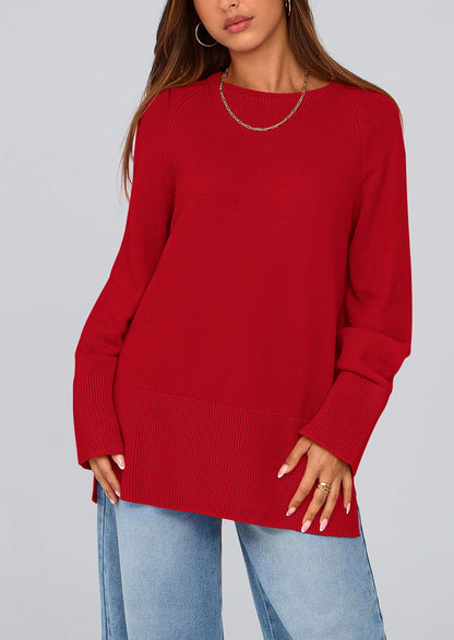 PRETTYGARDEN Women's Knit Fall Sweaters Long Sleeve Pullover Crewneck Split Hem Oversized Tunic Sweater Tops Winter Clothing