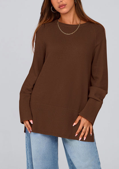 PRETTYGARDEN Women's Knit Fall Sweaters Long Sleeve Pullover Crewneck Split Hem Oversized Tunic Sweater Tops Winter Clothing