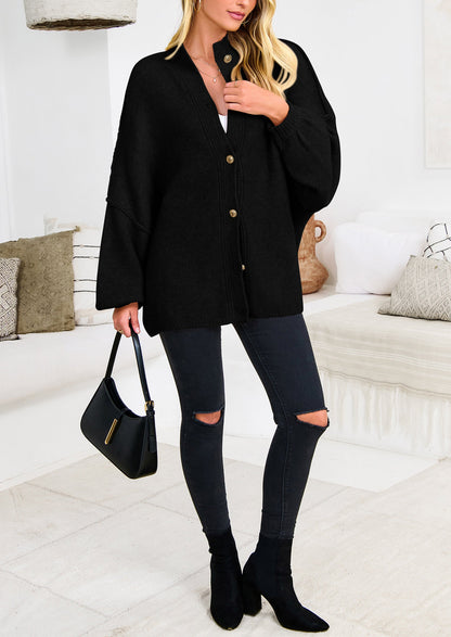 PRETTYGARDEN Women's Winter Button Down Cardigan Sweaters Mock Neck Lantern Long Sleeve Chunky Knit Jacket Trendy Outerwear