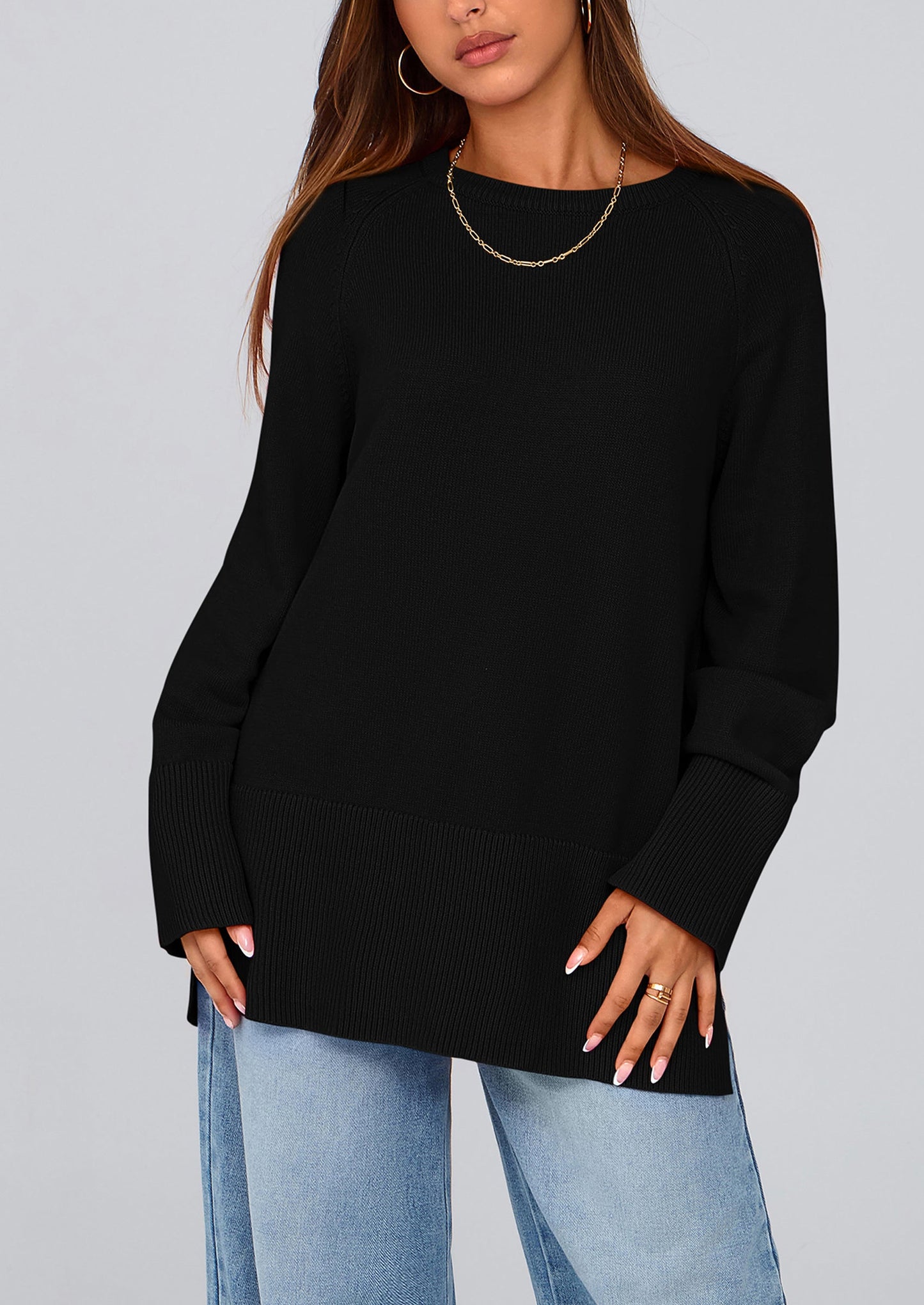 PRETTYGARDEN Women's Knit Fall Sweaters Long Sleeve Pullover Crewneck Split Hem Oversized Tunic Sweater Tops Winter Clothing