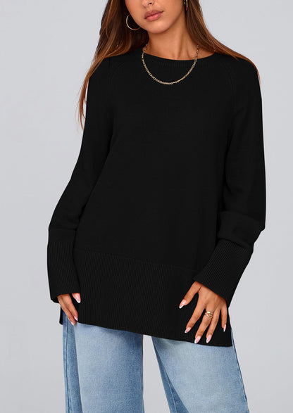 PRETTYGARDEN Women's Knit Fall Sweaters Long Sleeve Pullover Crewneck Split Hem Oversized Tunic Sweater Tops Winter Clothing