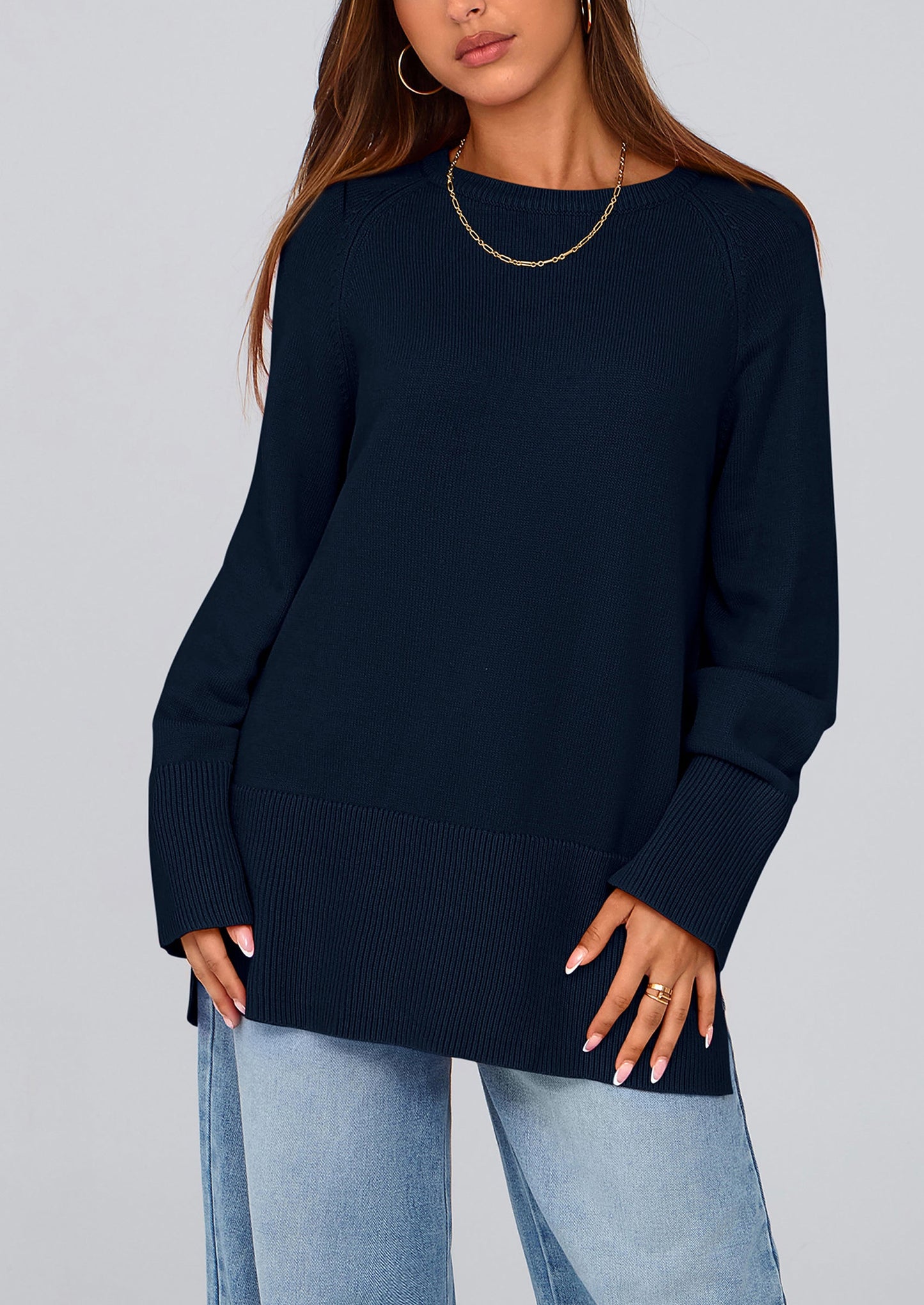 PRETTYGARDEN Women's Knit Fall Sweaters Long Sleeve Pullover Crewneck Split Hem Oversized Tunic Sweater Tops Winter Clothing