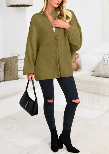 PRETTYGARDEN Women's Winter Button Down Cardigan Sweaters Mock Neck Lantern Long Sleeve Chunky Knit Jacket Trendy Outerwear