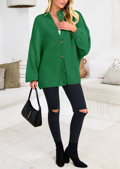 PRETTYGARDEN Women's Winter Button Down Cardigan Sweaters Mock Neck Lantern Long Sleeve Chunky Knit Jacket Trendy Outerwear