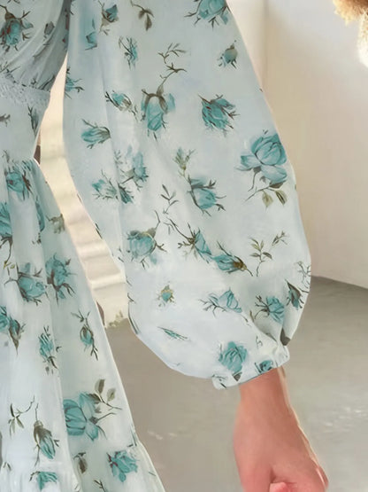 Floral Print Lace Detail V-Neck Mini Dress