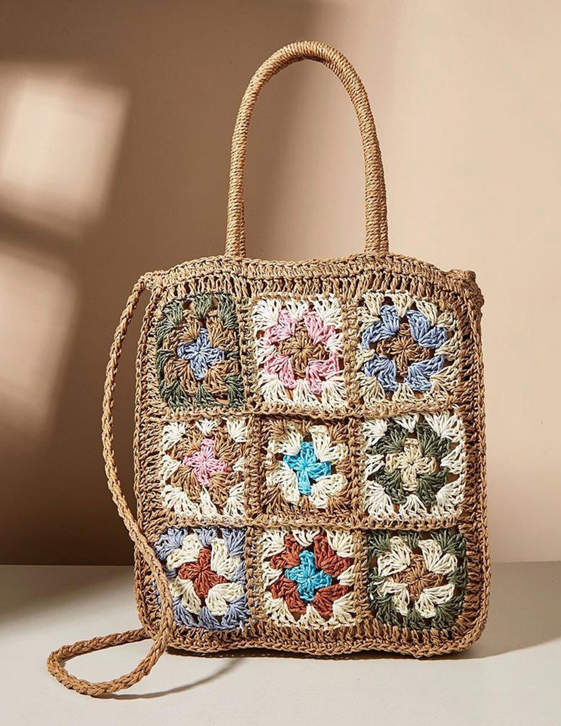 Coloured Flower Woven Straw Bag