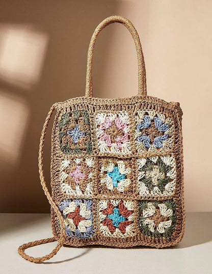 Coloured Flower Woven Straw Bag