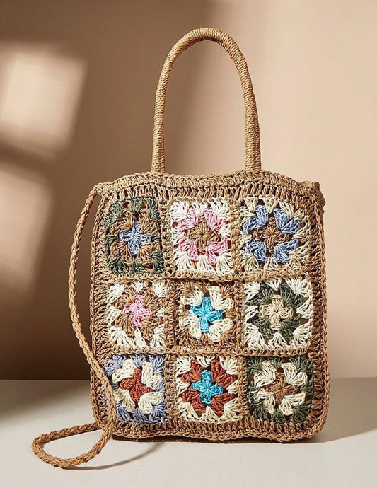 Coloured Flower Woven Straw Bag