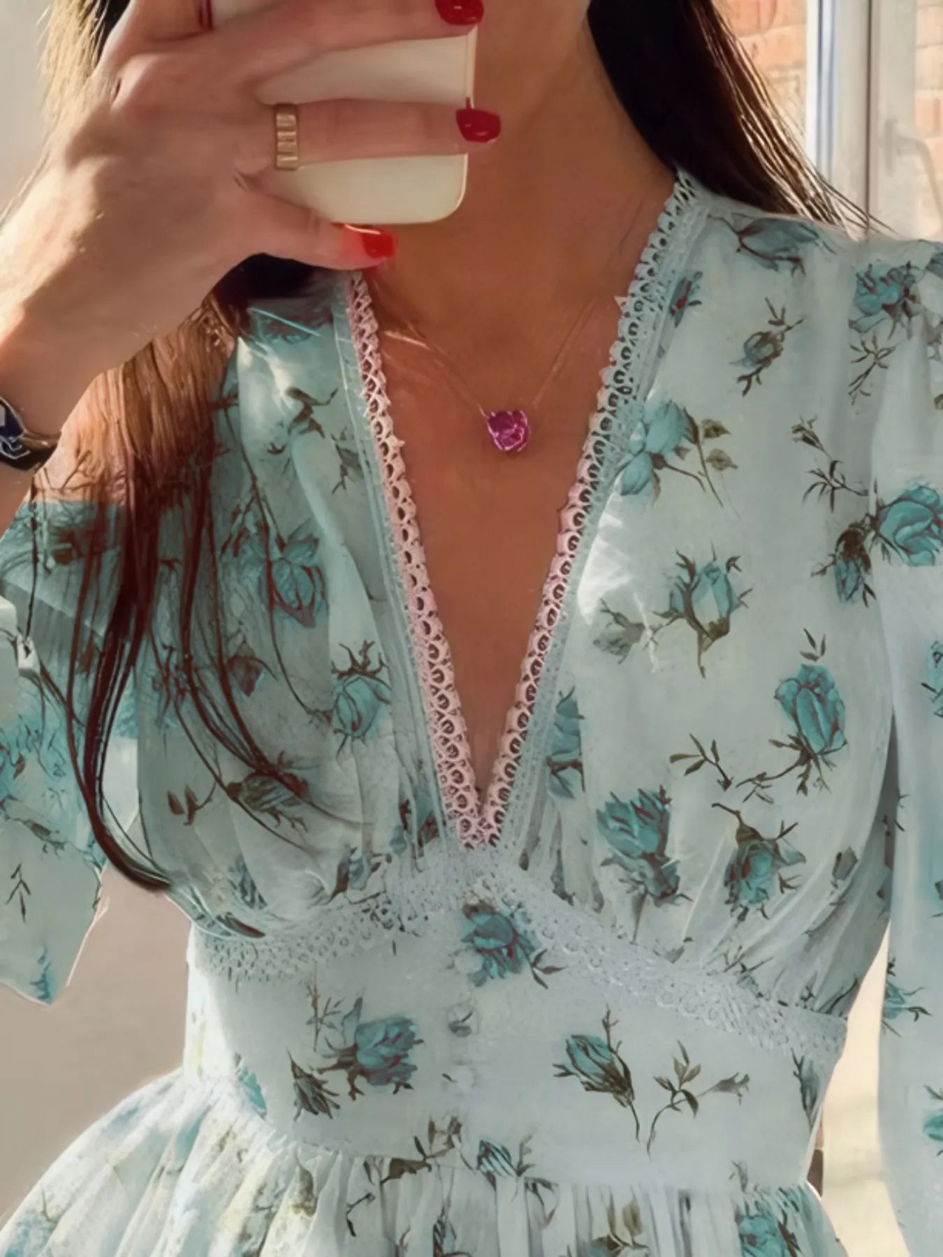 Floral Print Lace Detail V-Neck Mini Dress