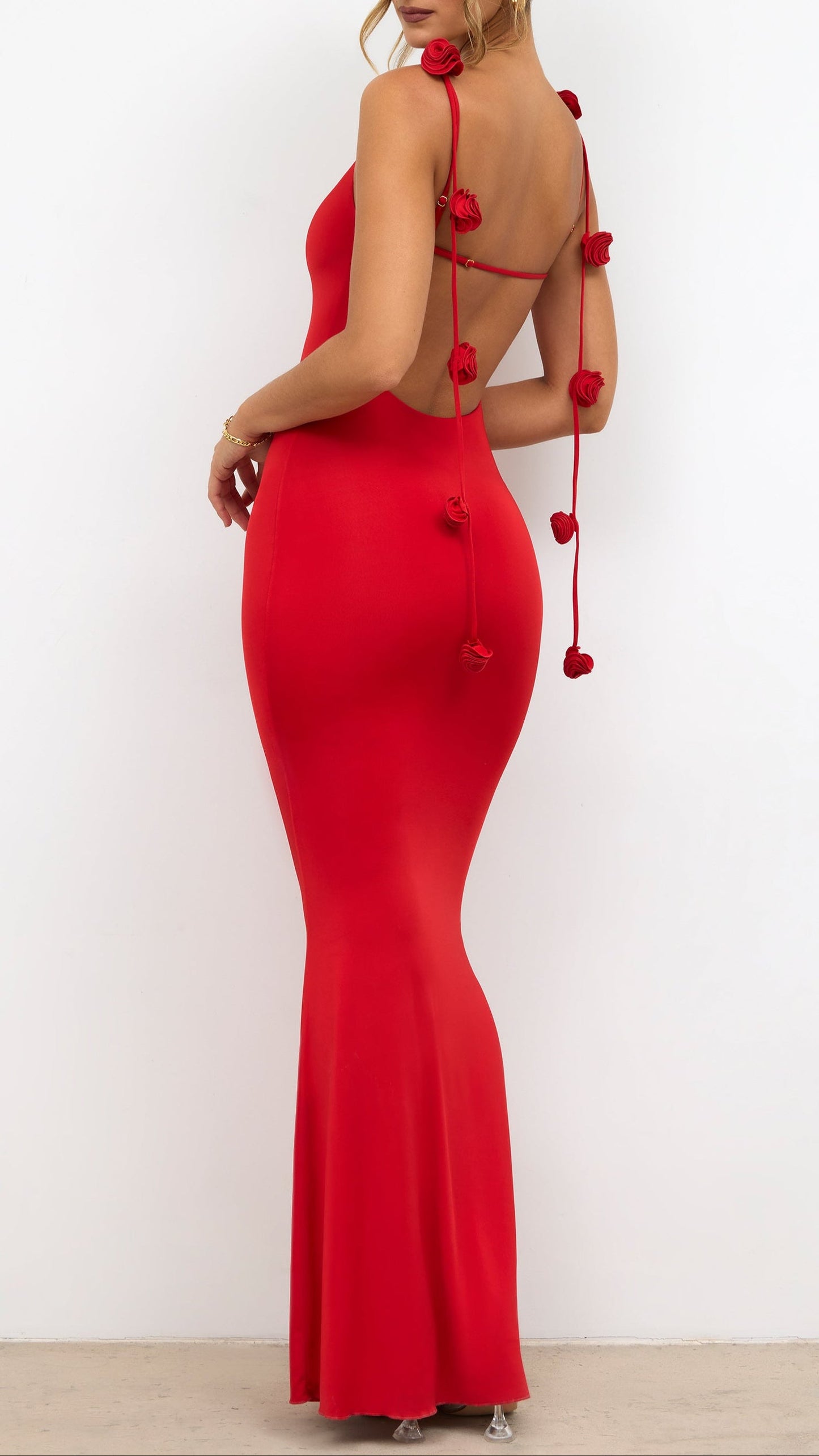 Backless Rose Shoulder Strap Maxi Dress