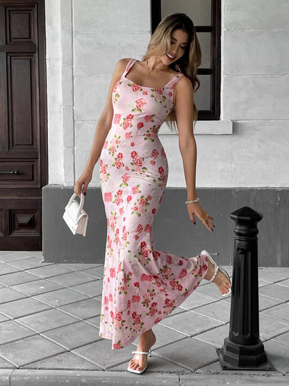 Floral Print Square Neck Maxi Dress