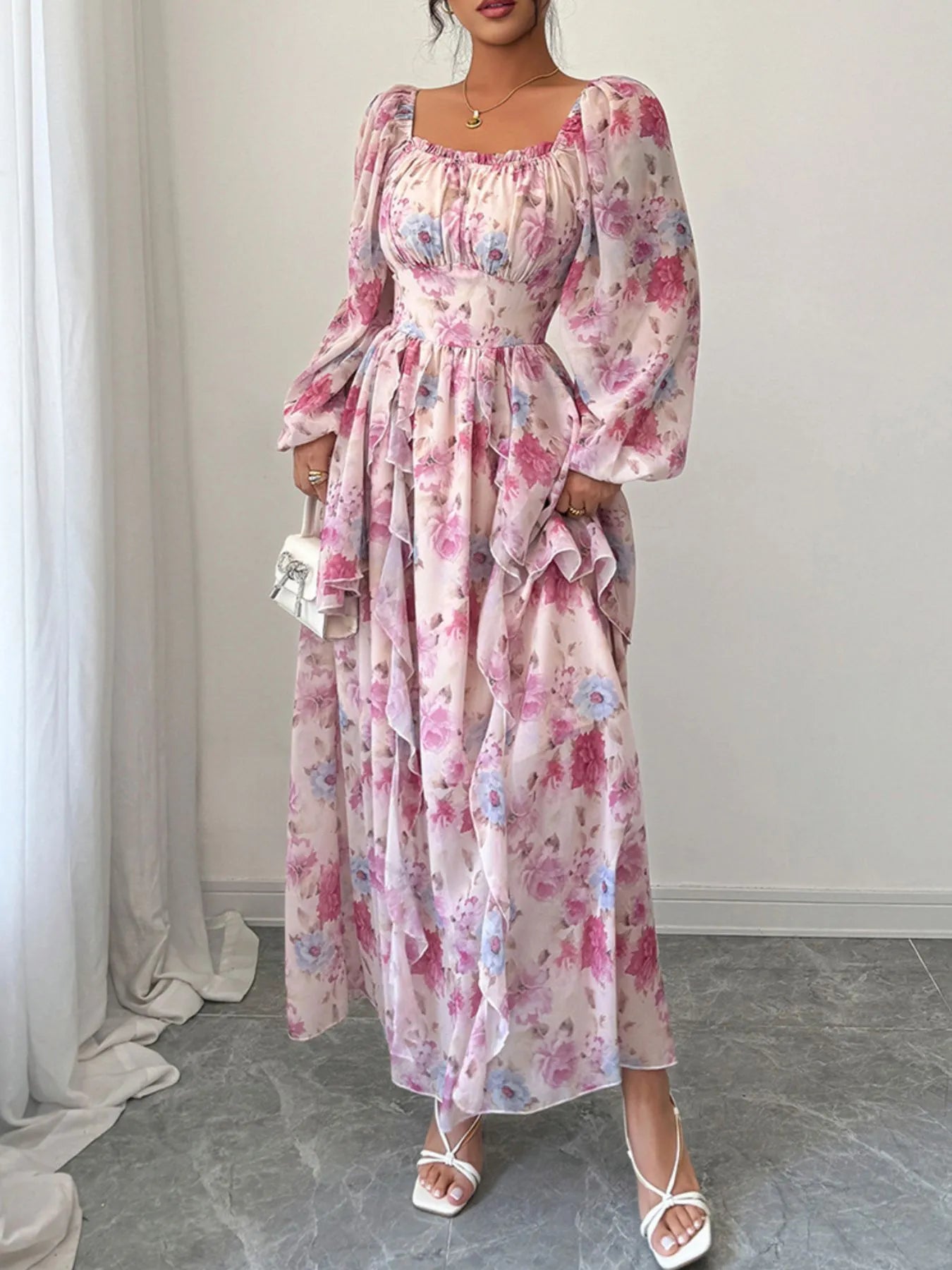 Ruffled Floral Print Balloon Sleeve Maxi Dress