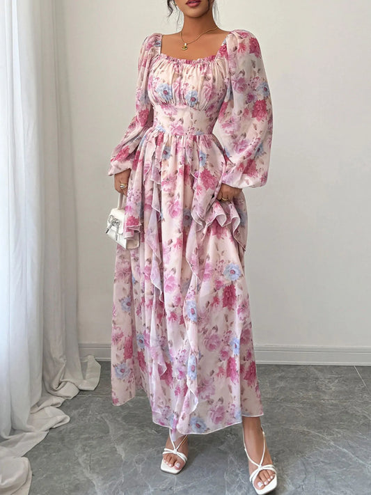 Ruffled Floral Print Balloon Sleeve Maxi Dress