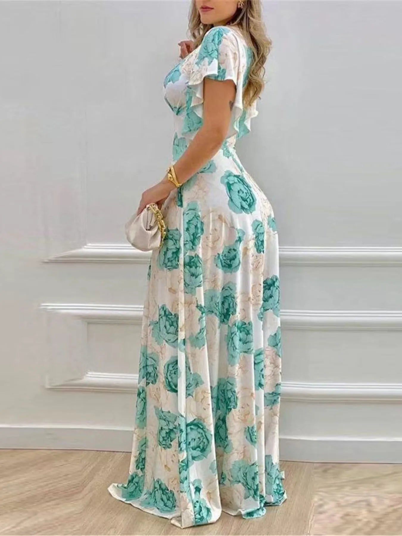Plus Size Floral Print V-Neck Maxi Dress with Flutter Sleeves