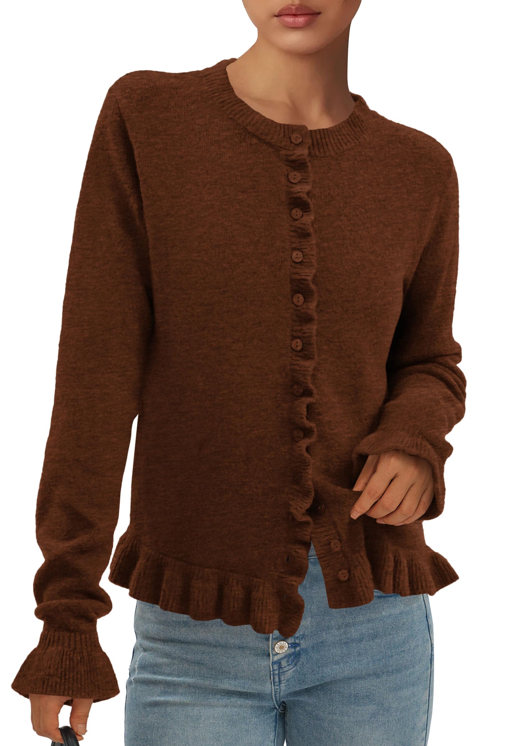 PRETTYGARDEN Womens Fall Button Down Cardigans Chunky Knit Ruffle Open Front Cropped Cardigan Sweaters Soft Long Sleeve Tops