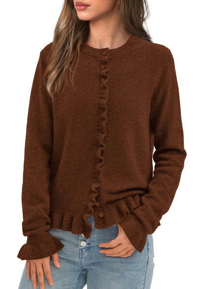 PRETTYGARDEN Womens Fall Button Down Cardigans Chunky Knit Ruffle Open Front Cropped Cardigan Sweaters Soft Long Sleeve Tops