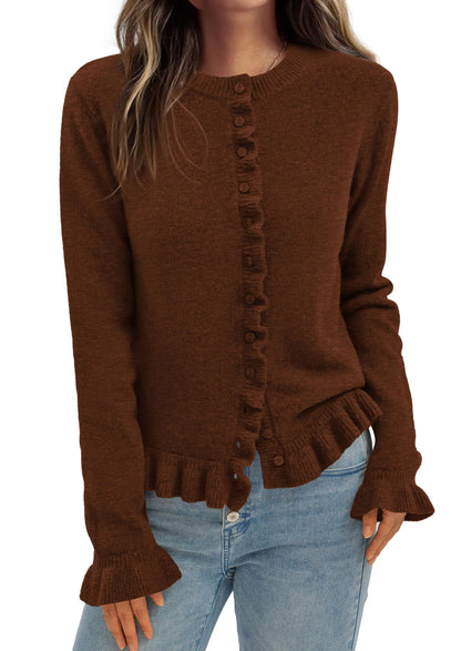 PRETTYGARDEN Womens Fall Button Down Cardigans Chunky Knit Ruffle Open Front Cropped Cardigan Sweaters Soft Long Sleeve Tops