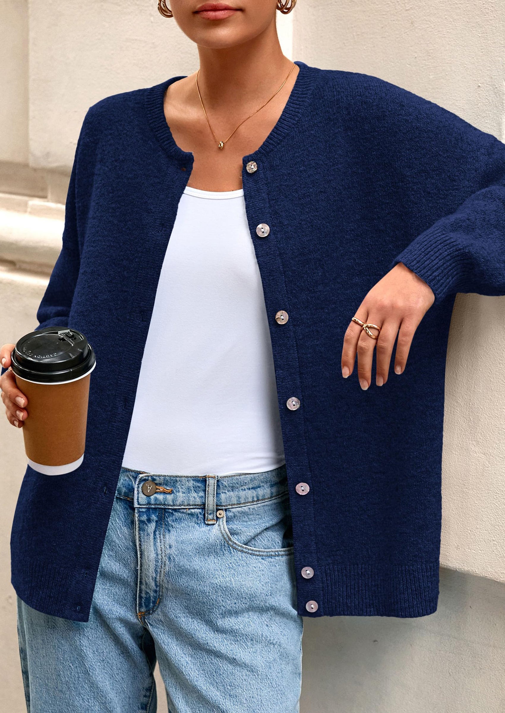 PRETTYGARDEN Fall Long Sleeve Cardigans for Women Trendy Open Front Winter Button Down Crewneck Soft Knit Sweater Jacket