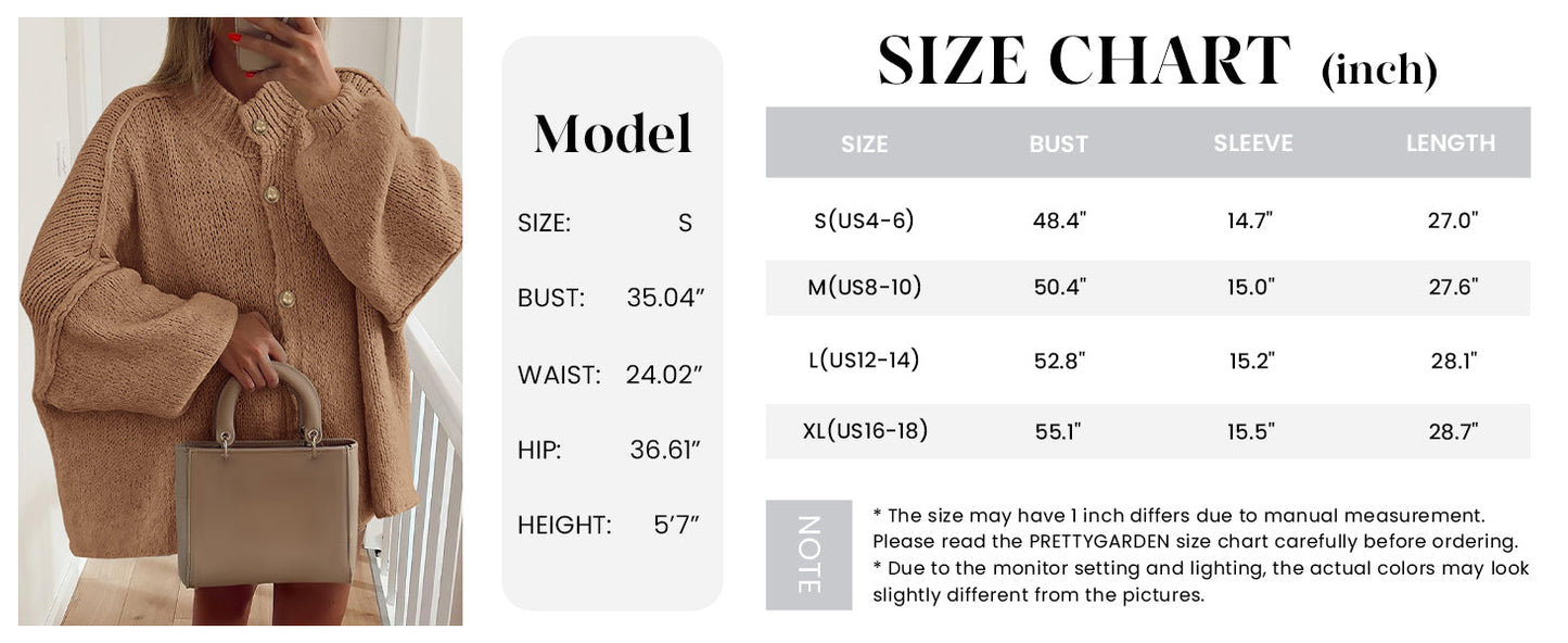 PRETTYGARDEN Women's Winter Button Down Cardigan Sweaters Mock Neck Lantern Long Sleeve Chunky Knit Jacket Trendy Outerwear