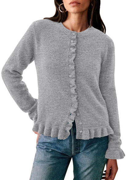 PRETTYGARDEN Womens Fall Button Down Cardigans Chunky Knit Ruffle Open Front Cropped Cardigan Sweaters Soft Long Sleeve Tops