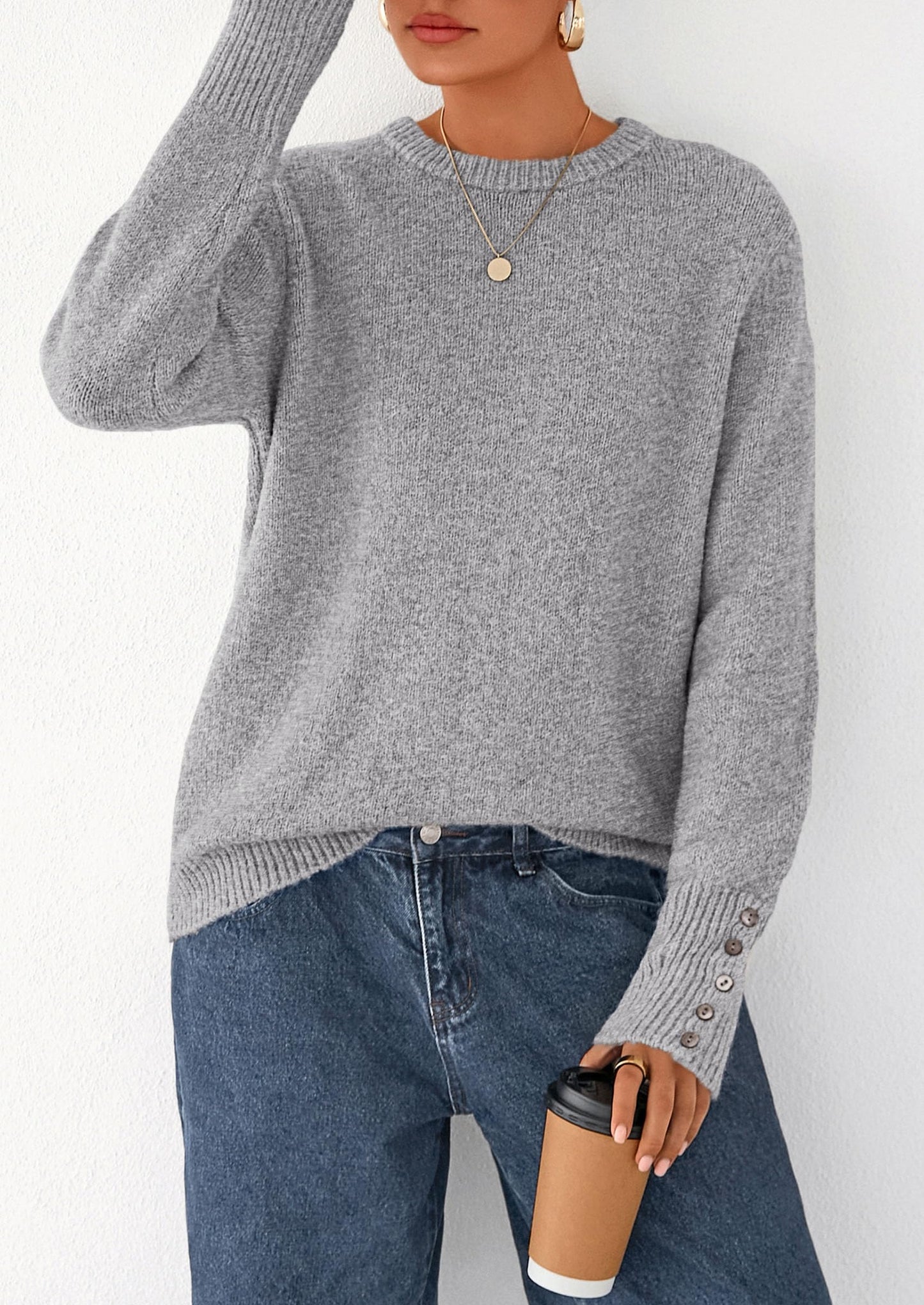 PRETTYGARDEN Womens Sweaters Fall Fashion Casual Crewneck Pullover Button Long Sleeve Cute Knit Tops Winter Clothes