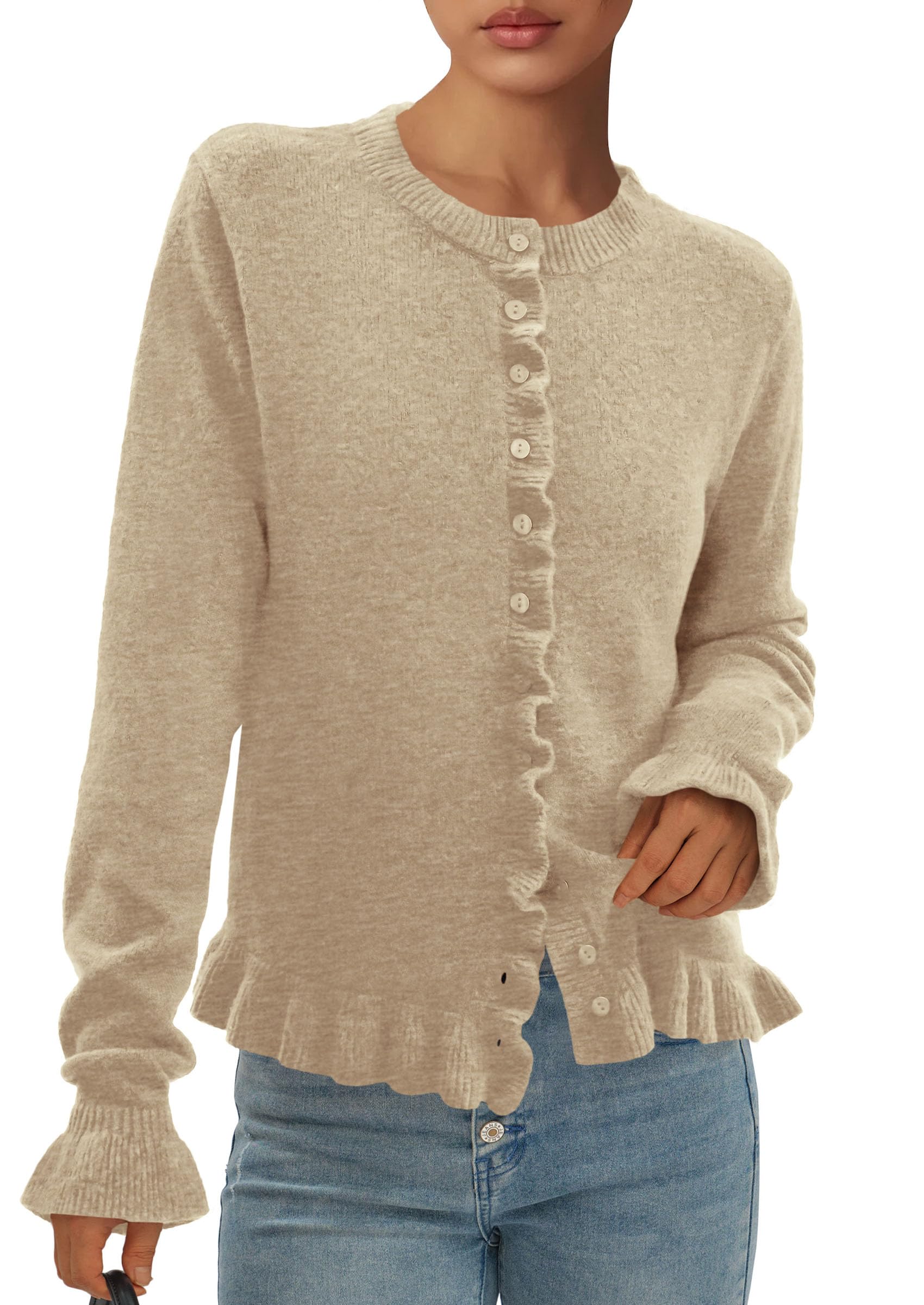 PRETTYGARDEN Womens Fall Button Down Cardigans Chunky Knit Ruffle Open Front Cropped Cardigan Sweaters Soft Long Sleeve Tops