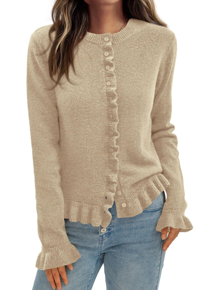 PRETTYGARDEN Womens Fall Button Down Cardigans Chunky Knit Ruffle Open Front Cropped Cardigan Sweaters Soft Long Sleeve Tops