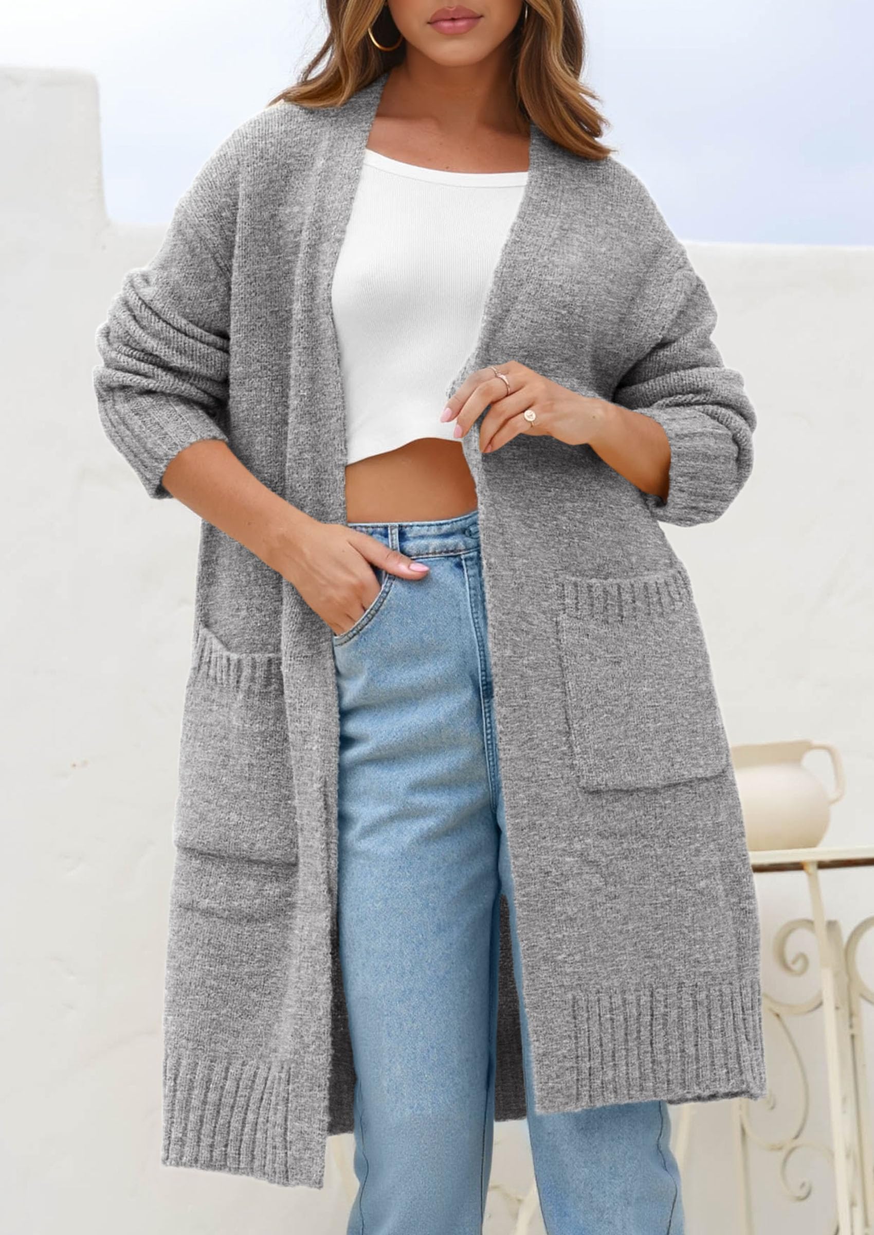PRETTYGARDEN Fall Long Sleeve Cardigan Sweaters for Women Trendy Winter Open Front Loose Knitted Cardigans with Pockets