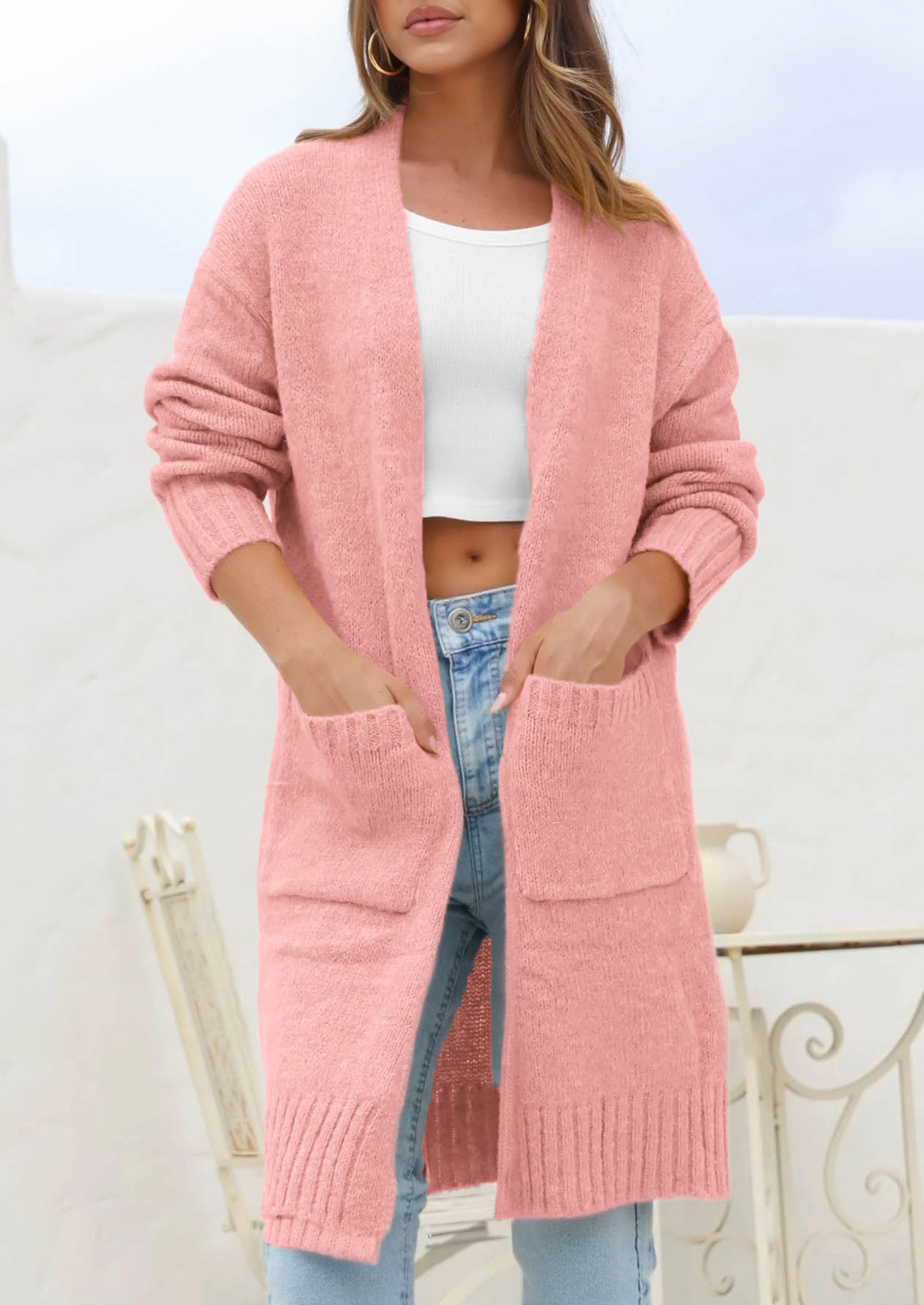 PRETTYGARDEN Fall Long Sleeve Cardigan Sweaters for Women Trendy Winter Open Front Loose Knitted Cardigans with Pockets