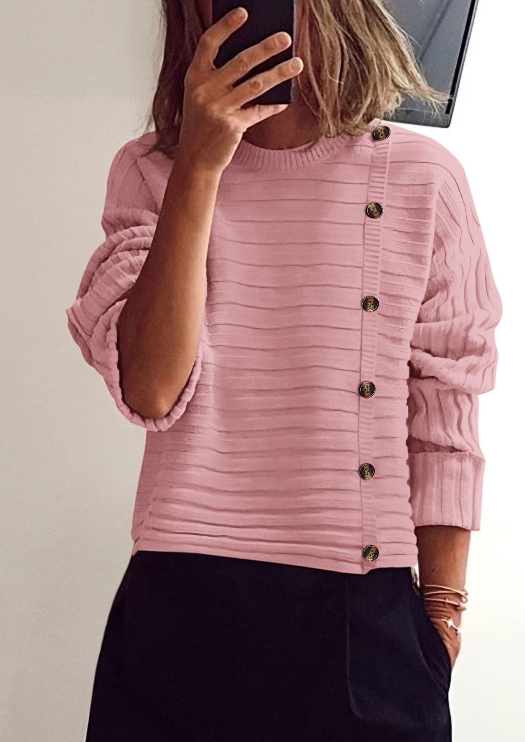 PRETTYGARDEN Womens Sweaters Fall Casual Long Sleeve Crewneck Button Loose Winter Knit Pullover Sweater Tops