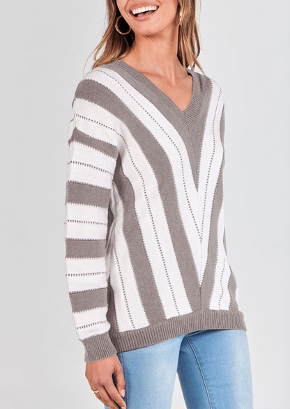 PRETTYGARDEN Women's Fashion Long Sleeve Striped Colour Block Knitted Sweater Crew Neck Loose Pullover Jumper Tops