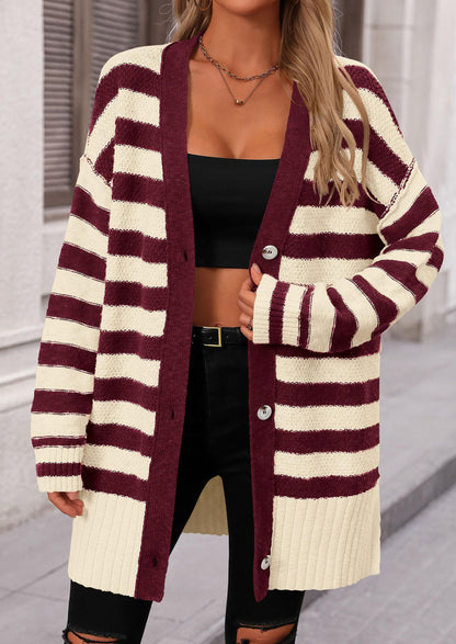 PRETTYGARDEN Women's Winter Striped Cardigan Sweaters Long Sleeve Button Down Open Front Chunky Knit Oversized Sweater Coat
