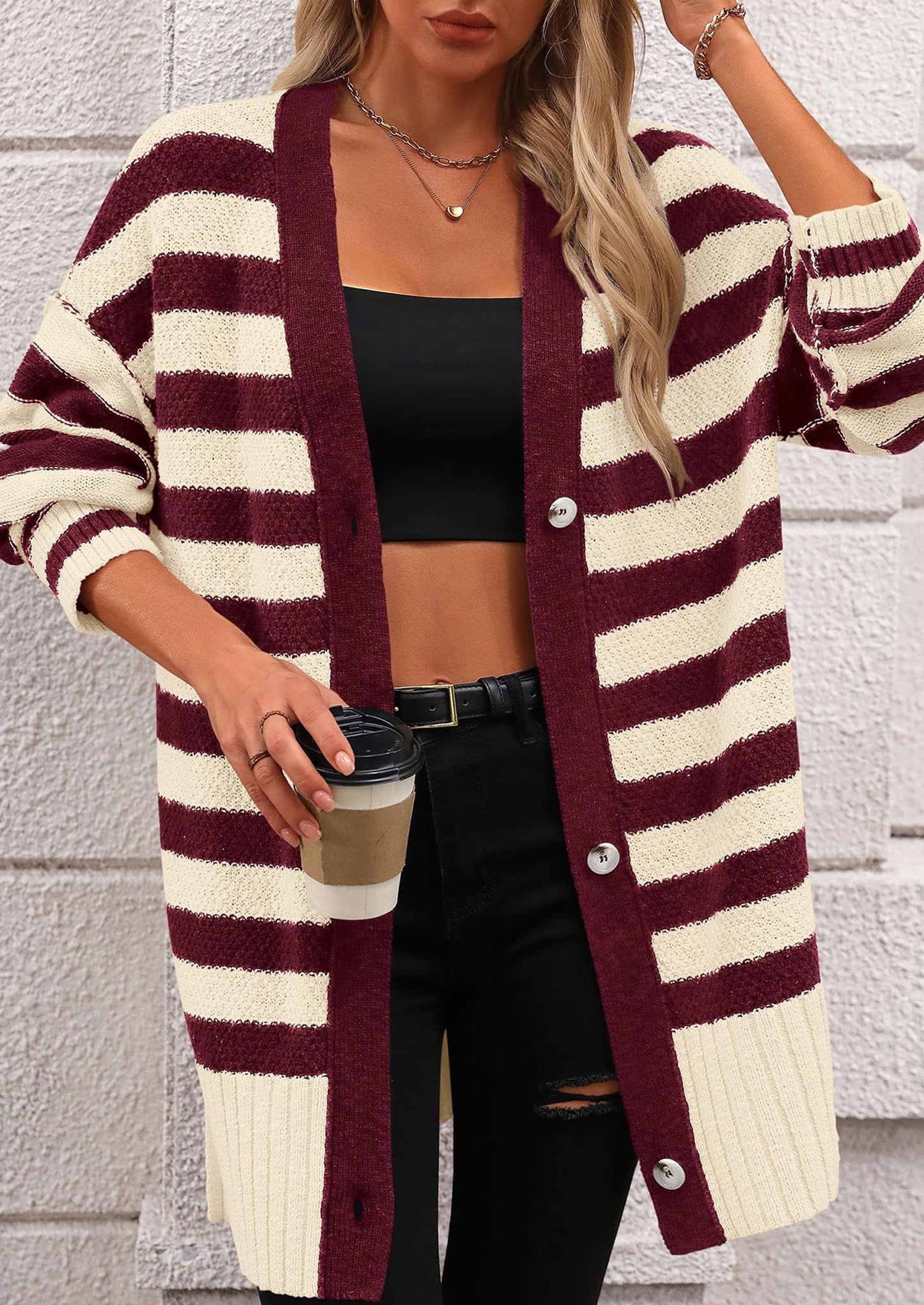 PRETTYGARDEN Women's Winter Striped Cardigan Sweaters Long Sleeve Button Down Open Front Chunky Knit Oversized Sweater Coat