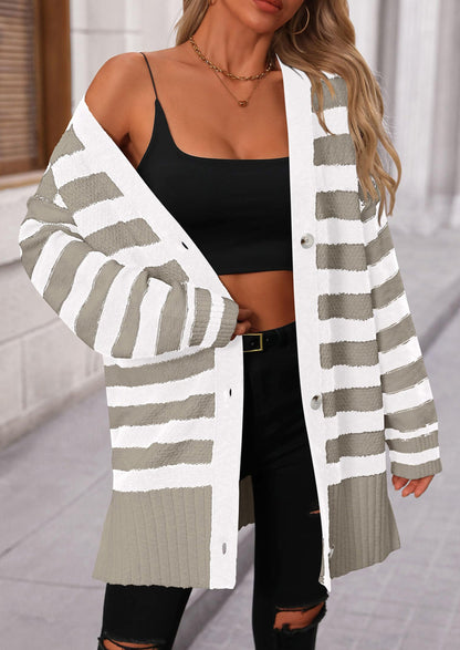 PRETTYGARDEN Women's Winter Striped Cardigan Sweaters Long Sleeve Button Down Open Front Chunky Knit Oversized Sweater Coat