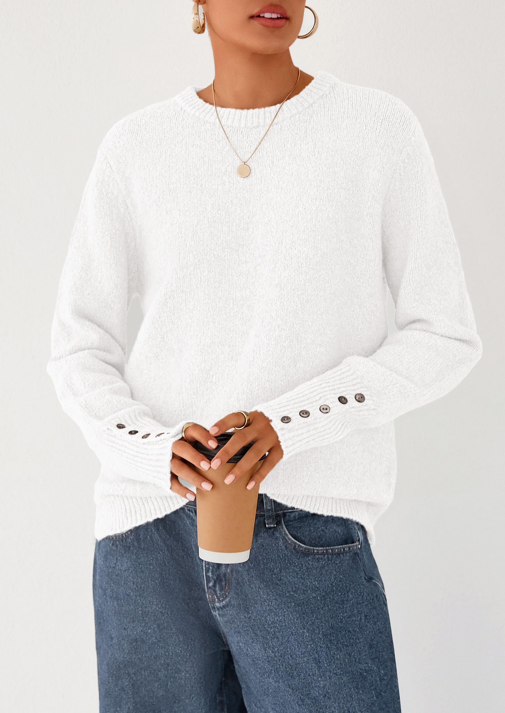 PRETTYGARDEN Womens Sweaters Fall Fashion Casual Crewneck Pullover Button Long Sleeve Cute Knit Tops Winter Clothes