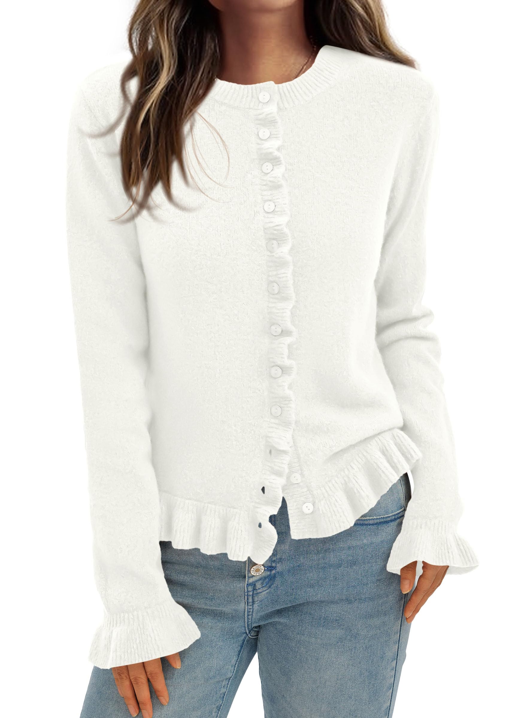 PRETTYGARDEN Womens Fall Button Down Cardigans Chunky Knit Ruffle Open Front Cropped Cardigan Sweaters Soft Long Sleeve Tops